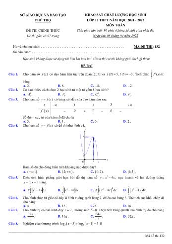 Đề thi khảo sát chất lượng Toán Lớp 12 - Mã đề 132 - Năm học 2021-2022 - Sở GD&ĐT Phú Thọ (Có lời giải)