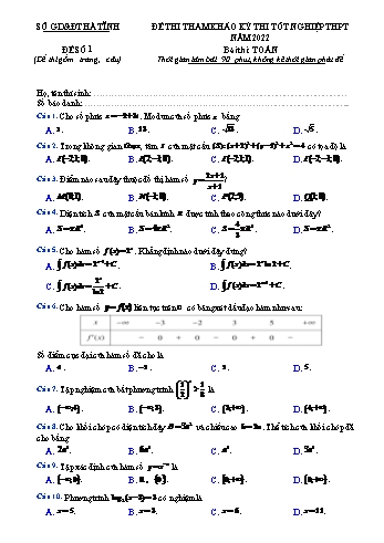 Đề thi tham khảo kỳ thi Tốt nghiệp THPT môn Toán - Đề số 1 - Năm học 2022-2023 - Sở GD&ĐT Hà Tĩnh (Có lời giải)