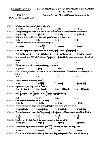 Đề thi tham khảo kỳ thi Tốt nghiệp THPT môn Toán - Đề số 12 - Năm học 2022-2023 - Sở GD&ĐT Hà Tĩnh (Có lời giải)