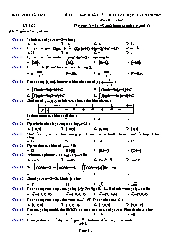 Đề thi tham khảo kỳ thi Tốt nghiệp THPT môn Toán - Đề số 7 - Năm học 2022-2023 - Sở GD&ĐT Hà Tĩnh (Có lời giải)
