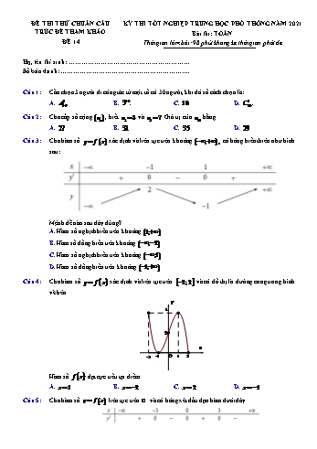 Đề thi thử chuẩn cấu trúc đề tham khảo kì thi Tốt nghiệp THPT môn Toán - Đề 14 - Năm học 2021-2022 (Có lời giải)