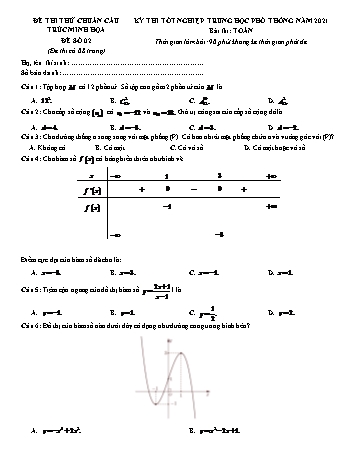 Đề thi thử chuẩn cấu trúc minh họa kỳ thi Tốt nghiệp THPT môn Toán - Đề số 2 - Năm học 2021-2022 (Có lời giải)