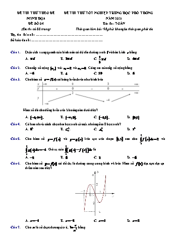 Đề thi thử chuẩn cấu trúc minh họa kỳ thi Tốt nghiệp THPT môn Toán - Đề số 4 - Năm học 2021-2022 (Có lời giải)