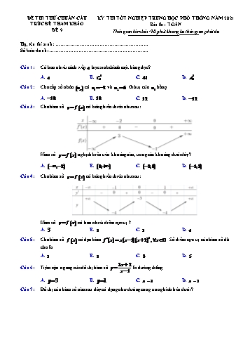 Đề thi thử chuẩn cấu trúc minh họa kỳ thi Tốt nghiệp THPT môn Toán - Đề số 9 - Năm học 2021-2022 (Có lời giải)