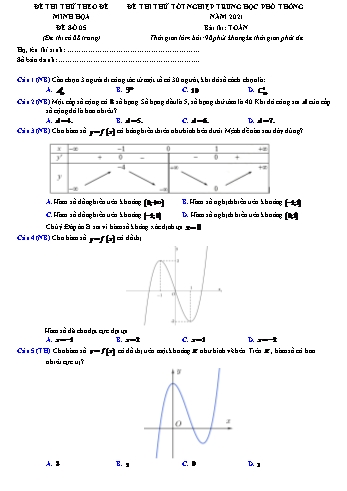 Đề thi thử chuẩn cấu trúc minh họa kỳ thi Tốt nghiệp THPT môn Toán - Đề số 5 - Năm học 2021-2022 (Có lời giải)