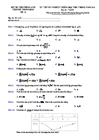 Đề thi thử chuẩn cấu trúc minh họa kỳ thi Tốt nghiệp THPT môn Toán - Đề số 10 - Năm học 2021-2022 (Có lời giải)