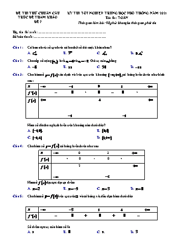 Đề thi thử chuẩn cấu trúc minh họa kỳ thi Tốt nghiệp THPT môn Toán - Đề số 7 - Năm học 2021-2022 (Có lời giải)