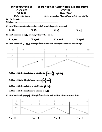 Đề thi thử chuẩn cấu trúc minh họa kỳ thi Tốt nghiệp THPT môn Toán - Đề số 3 - Năm học 2021-2022 (Có lời giải)