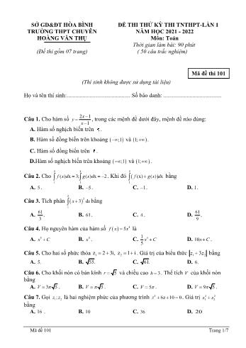 Đề thi thử kì thi Tốt nghiệp THPT môn Toán (Lần 1) - Mã đề 101 - Năm học 2022-2022 - Trường THPT chuyên Hoàng Văn Thụ (Có hướng dẫn giải chi tiết)