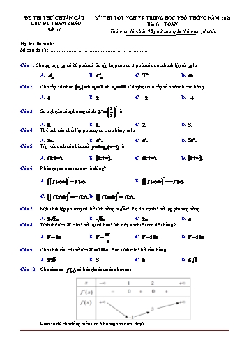 Đề thi thử kỳ thì Tốt nghiệp THPT môn Toán (Chuẩn cấu trúc đề tham khảo) - Đề 10 - Năm học 2021-2022 (Có lời giải)
