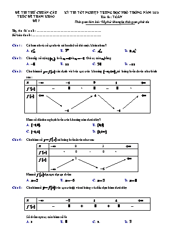 Đề thi thử kỳ thì Tốt nghiệp THPT môn Toán (Chuẩn cấu trúc đề tham khảo) - Đề 7 - Năm học 2021-2022 (Có lời giải)