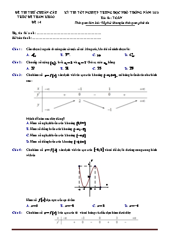 Đề thi thử kỳ thì Tốt nghiệp THPT môn Toán (Chuẩn cấu trúc đề tham khảo) - Đề 14 - Năm học 2021-2022 (Có lời giải)