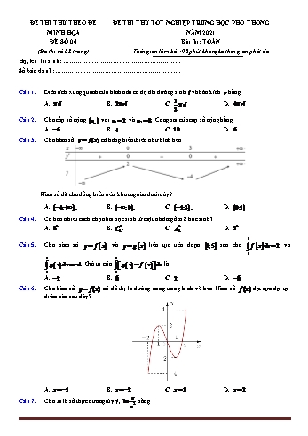 Đề thi thử kỳ thì Tốt nghiệp THPT môn Toán (Chuẩn cấu trúc đề tham khảo) - Đề 4 - Năm học 2021-2022 (Có lời giải)