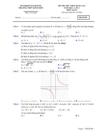 Đề thi thử THPT Quốc gia môn Toán (Lần 1) - Mã đề 001 - Năm học 2022-2023 - Trường THPT Kinh Môn (Có hướng dẫn giải chi tiết)