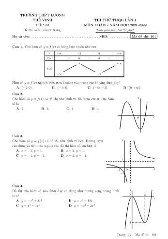 Đề thi thử THPT Quốc gia môn Toán (Lần 1) - Mã đề 101 - Năm học 2021-2022 - Trường THPT Lương Thế Vinh (Có hướng dẫn giải chi tiết)