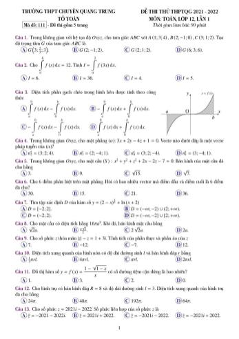Đề thi thử THPT Quốc gia môn Toán (Lần 1) - Mã đề 111 - Năm học 2022-2022 - Trường THPT chuyên Quang Trung (Có hướng dẫn giải chi tiết)