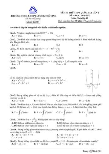 Đề thi thử THPT Quốc gia môn Toán (Lần 2) - Mã đề 301 - Năm học 2021-2022 - Trường THPT Lương Thế Vinh (Có hướng dẫn giải)