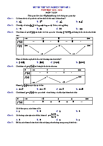 Đề thi thử Tốt nghiệp THPT môn Toán - Đề 2 - Năm học 2022-2023 (Có lời giải)