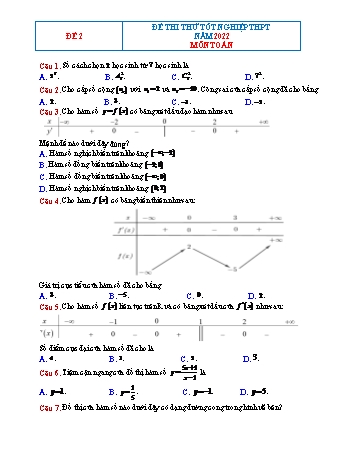 Đề thi thử Tốt nghiệp THPT môn Toán - Đề 2 - Năm học 2022-2023 (Có lời giải chi tiết)