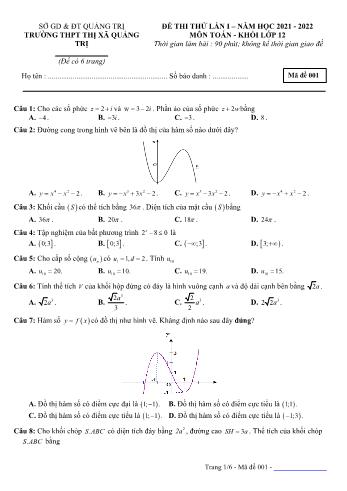 Đề thi thử Tốt nghiệp THPT môn Toán (Lần 1) - Mã đề 001 - Năm học 2021-2022 - Trường THPT Thị xã Quảng Trị (Có đáp án)