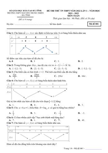 Đề thi thử Tốt nghiệp THPT môn Toán (Lần 1) - Mã đề 001 - Năm học 2021-2022 - Trường THPT Nguyễn Trung Thiên (Có đáp án)