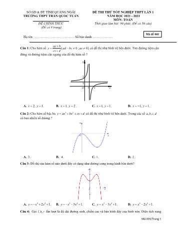Đề thi thử Tốt nghiệp THPT môn Toán (Lần 1) - Mã đề 001 - Năm học 2021-2022 - Trường THPT Trần Quốc Tuấn (Có đáp án)