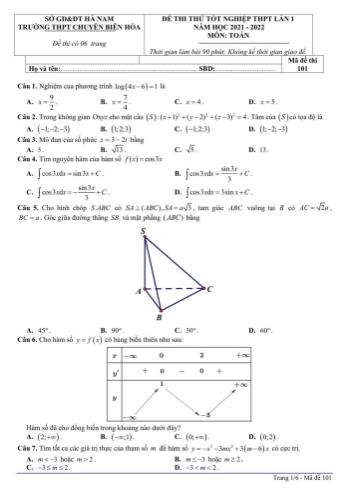 Đề thi thử Tốt nghiệp THPT môn Toán (Lần 1) - Mã đề 101 - Năm học 2021-2022 - Trường THPT chuyên Biên Hòa (Có lời giải chi tiết)