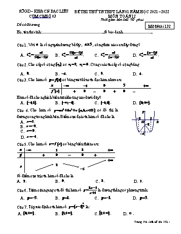 Đề thi thử Tốt nghiệp THPT môn Toán (Lần 1) - Mã đề 132 - Năm học 2021-2022 - Sở GD, KH và CN Bạc Liêu