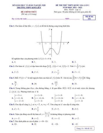 Đề thi thử Tốt nghiệp THPT môn Toán (Lần 1) - Mã đề 152 - Năm học 2021-2022 - Trường THPT Kim Liên (Có hướng dẫn giải chi tiết)