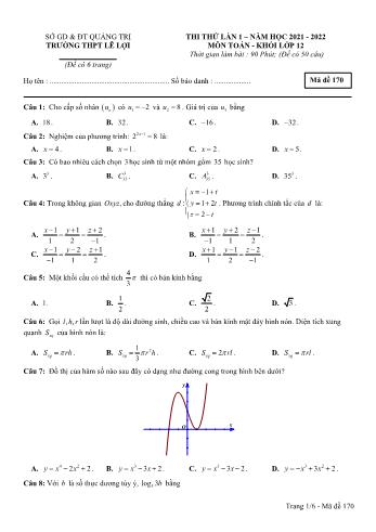 Đề thi thử Tốt nghiệp THPT môn Toán (Lần 1) - Mã đề 170 - Năm học 2021-2022 - Trường THPT Lê Lợi (Có đáp án)