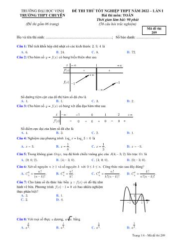 Đề thi thử Tốt nghiệp THPT môn Toán (Lần 1) - Mã đề 209 - Năm học 2022-2023 - Trường Đại học Vinh (Có đáp án)