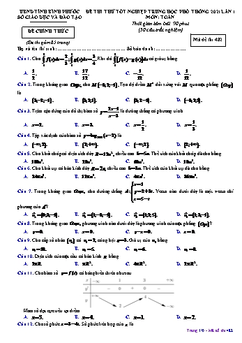 Đề thi thử Tốt nghiệp THPT môn Toán (Lần 1) - Mã đề 482 - Năm học 2020-2021 - Sở GD&ĐT Bình Phước (Có lời giải)