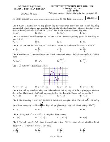 Đề thi thử Tốt nghiệp THPT môn Toán (Lần 1) - Mã đề 514 - Năm học 2021-2022 - Trường THPT Hàn Thuyên (Có lời giải)