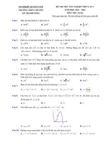 Đề thi thử Tốt nghiệp THPT môn Toán (Lần 1) - Năm học 2021-2022 - Trường THPT chuyên Lê Thánh Tông (Có hướng dẫn giải chi tiết)