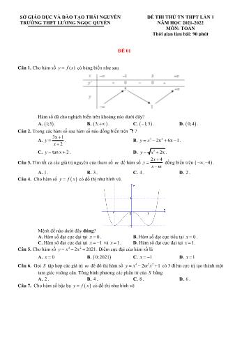 Đề thi thử Tốt nghiệp THPT môn Toán (Lần 1) - Năm học 2021-2022 - Trường THPT Lương Ngọc Quyến (Có đáp án chi tiết)