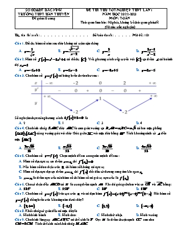 Đề thi thử Tốt nghiệp THPT môn Toán (Lần 1) - Năm học 2022-2023 - Trường THPT Hàn Thuyên (Có đáp án)