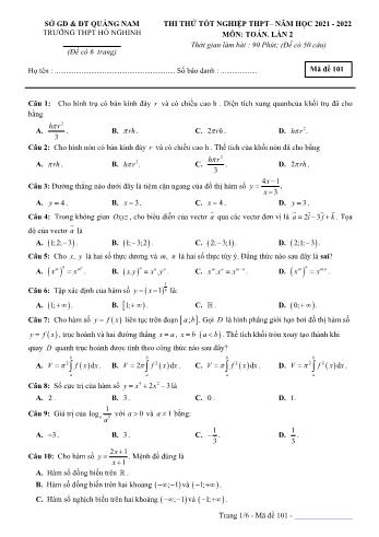 Đề thi thử Tốt nghiệp THPT môn Toán (Lần 2) - Mã đề 101 - Năm học 2021-2022 - Trường THPT Hồ Nghinh (Có đáp án)