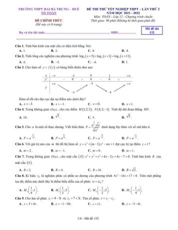 Đề thi thử Tốt nghiệp THPT môn Toán (Lần 2) - Mã đề 132 - Năm học 2021-2022 - Trường THPT Hai Bà Trưng (Có lời giải)