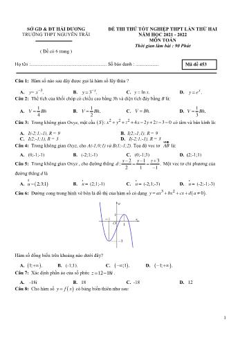 Đề thi thử Tốt nghiệp THPT môn Toán (Lần 2) - Mã đề 453 - Năm học 2021-2022 - Trường THPT Nguyễn Trãi (Có đáp án)