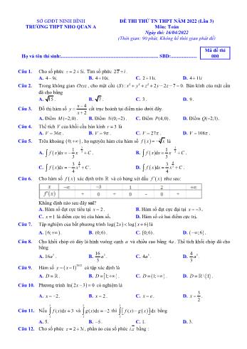 Đề thi thử Tốt nghiệp THPT môn Toán (Lần 3) - Mã đề 000 - Năm học 2022-2023 - Trường THPT Nho Quan A (Có đáp án)