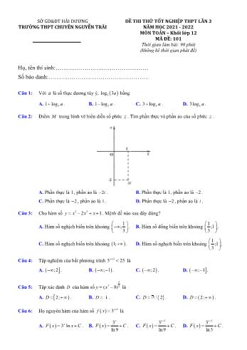 Đề thi thử Tốt nghiệp THPT môn Toán (Lần 3) - Mã đề 101 - Năm học 2021-2022 - Trường THPT Nguyễn Trãi (Có đáp án)