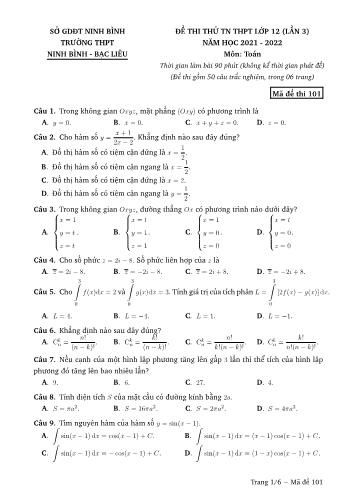 Đề thi thử Tốt nghiệp THPT môn Toán (Lần 3) - Mã đề 101 - Năm học 2021-2022 - Trường THPT Ninh Bình (Có đáp án)