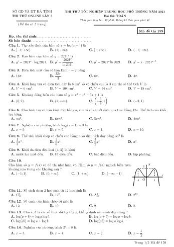 Đề thi thử Tốt nghiệp THPT môn Toán (Lần 3) - Mã đề 159 - Năm học 2021-2022 - Sở GD&ĐT Hà Tĩnh (Có đáp án)