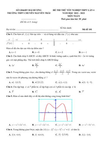 Đề thi thử Tốt nghiệp THPT môn Toán (Lần 4) - Mã đề 101 - Năm học 2021-2022 - Trường THPT Nguyễn Trãi (Có đáp án)
