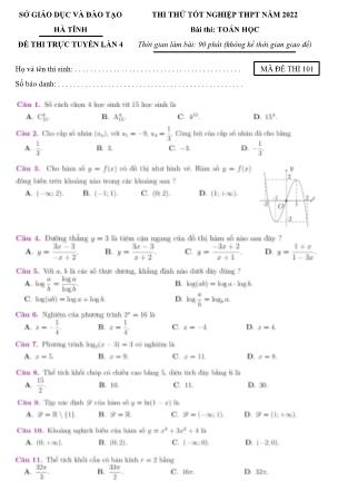 Đề thi thử Tốt nghiệp THPT môn Toán (Lần 4) - Mã đề 101 - Năm học 2022-2023 - Sở GD&ĐT Hà Tĩnh (Có lời giải)