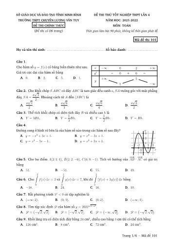 Đề thi thử Tốt nghiệp THPT môn Toán (Lần 4) - Năm học 2021-2022 - Trường THPT chuyên Lương Văn Tụy (Có lời giải)