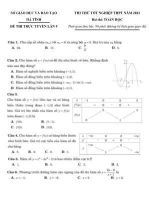 Đề thi thử Tốt nghiệp THPT môn Toán (Lần 5) - Năm học 2022-2023 - Sở GD&ĐT Hà Tĩnh (Có hướng dẫn giải chi tiết)