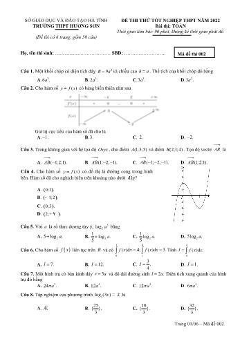 Đề thi thử Tốt nghiệp THPT môn Toán - Mã đề 002 - Năm học 2022-2023 - Trường THPT Hương Sơn (Có đáp án)