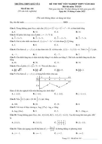 Đề thi thử Tốt nghiệp THPT môn Toán - Mã đề 101 - Năm học 2022-2023 - Trường THPT Quế Võ (Có đáp án)