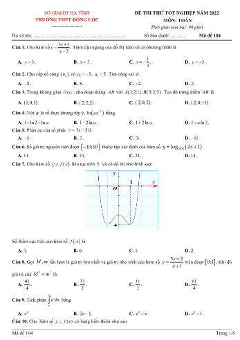 Đề thi thử Tốt nghiệp THPT môn Toán - Mã đề 104 - Năm học 2022-2023 - Trường THPT Đồng Lộc (Có hướng dẫn giải chi tiết)